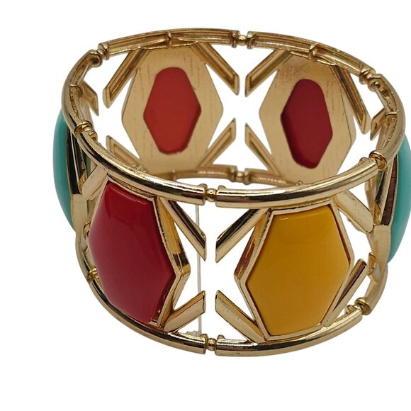 Boho Modern Chic Stmt GoldTone Red/Yellow/Aqua Gem Geometric Bangle Bracelet - Picture 7 of 13